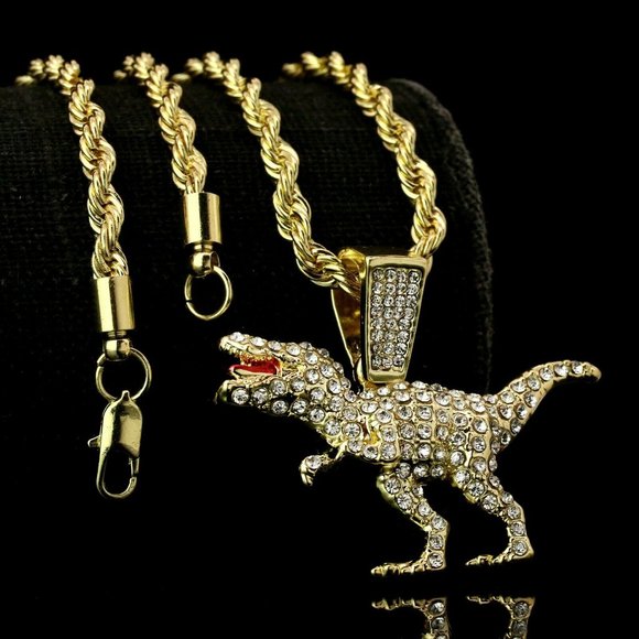 14k Gold Dinosaur 24 Rope Chain + Pendant